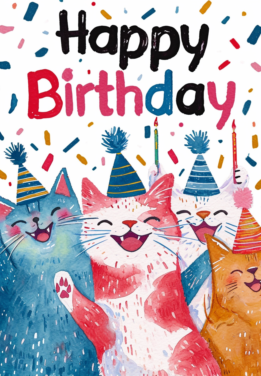 Colorful Smiling Laughing Cats Birthday Card