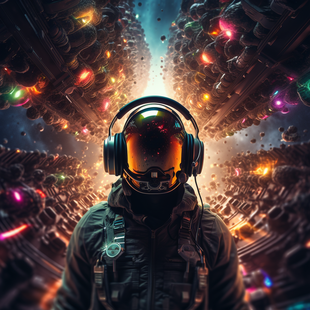 Colorful space DJ wearing crazy headphones