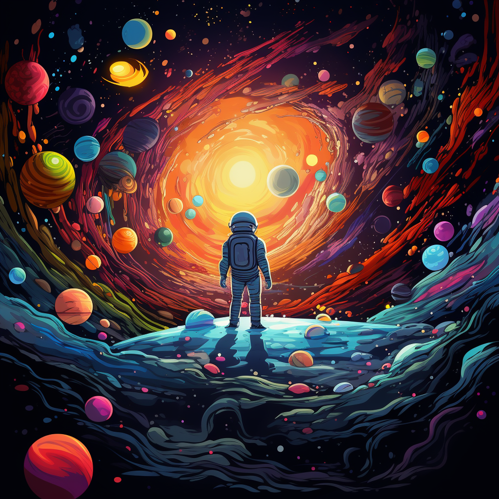 Astronaut floating amidst colorful space wonders