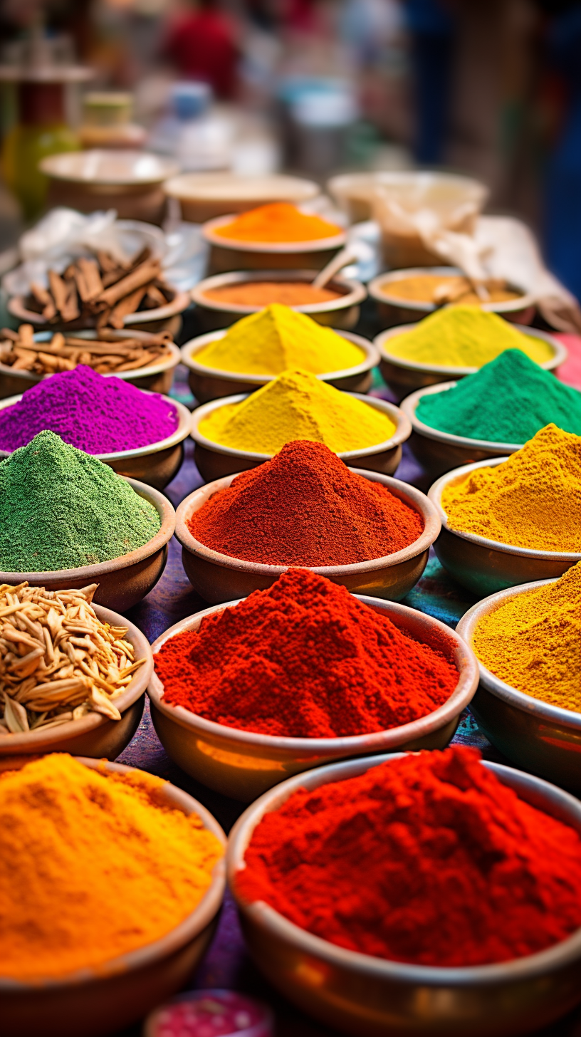 Colorful spices powders and herbs in traditional Delhi market