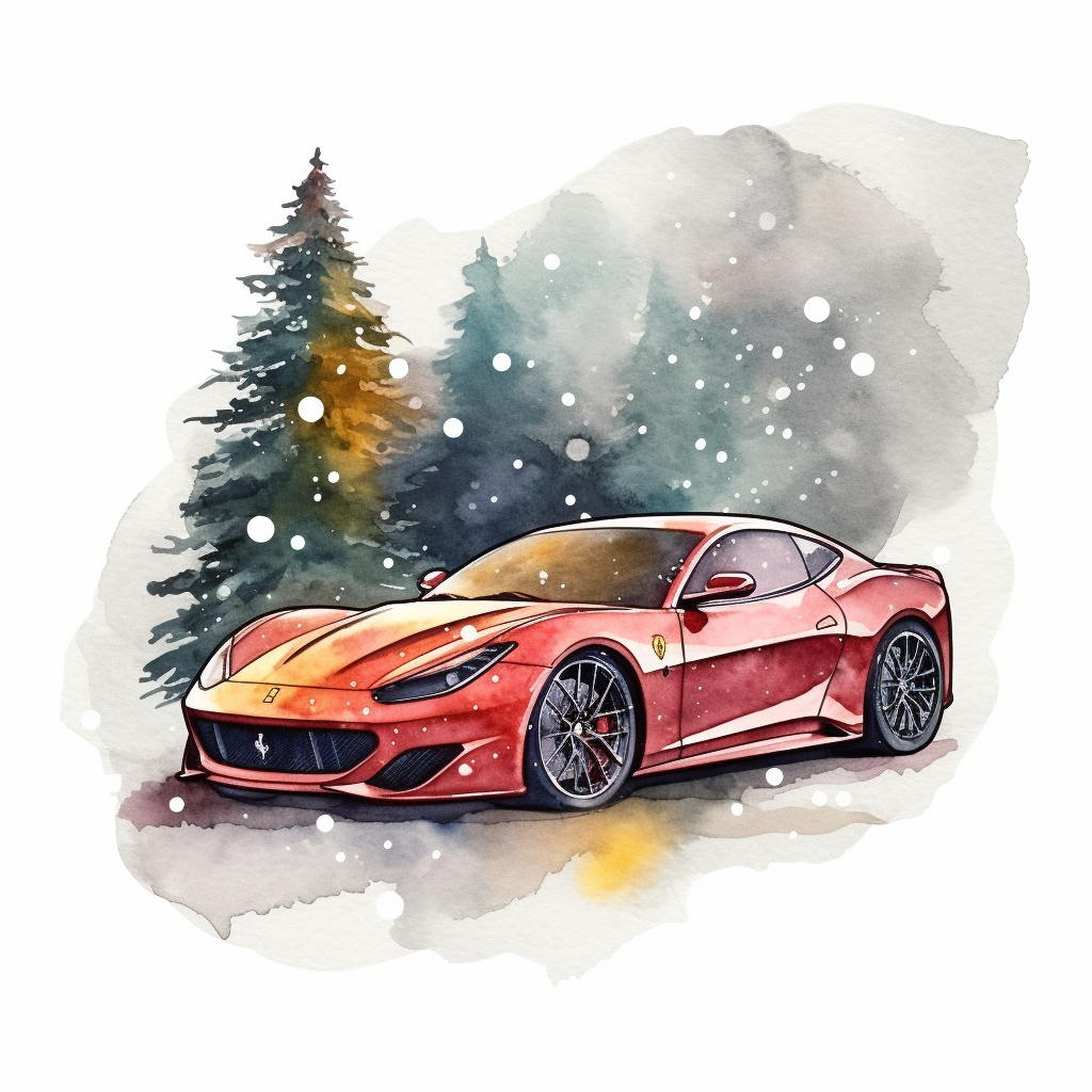 Illustration of Red Sportscar near Christmas Tree