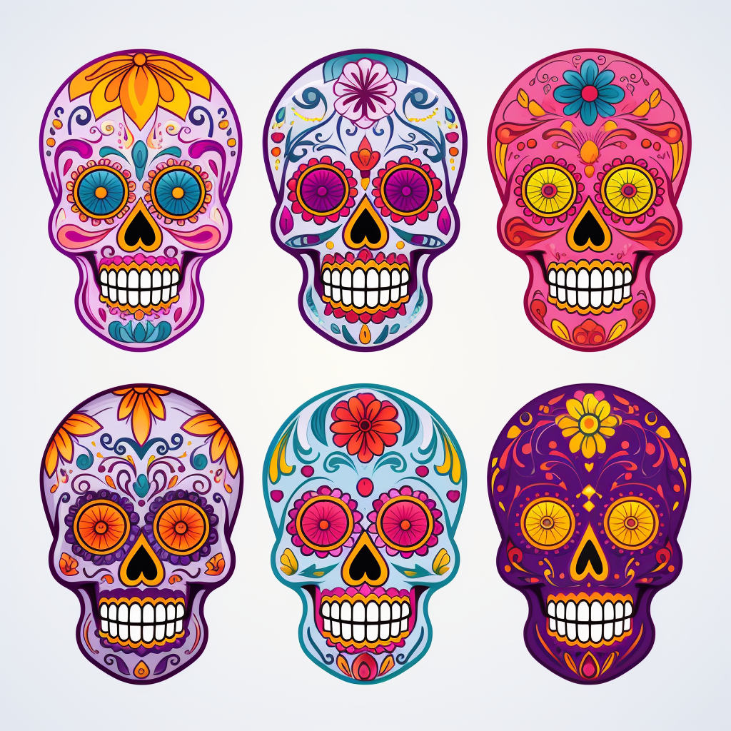 Colorful sugar skulls on blank background