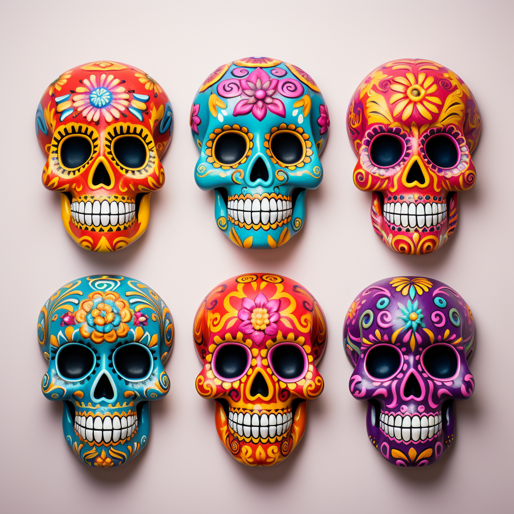 Brightly colored sugar skull array