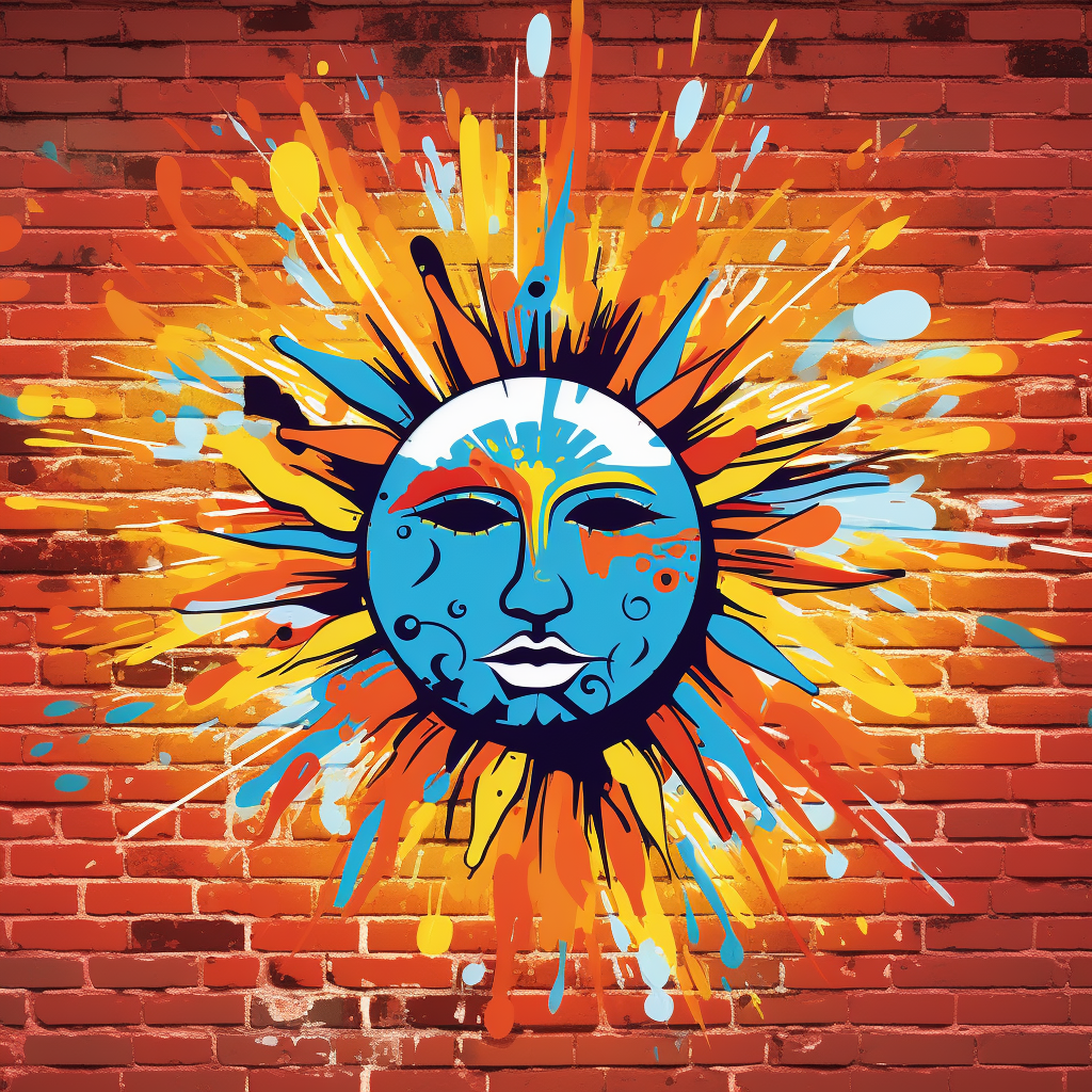 Graffiti-style brick wall with sun