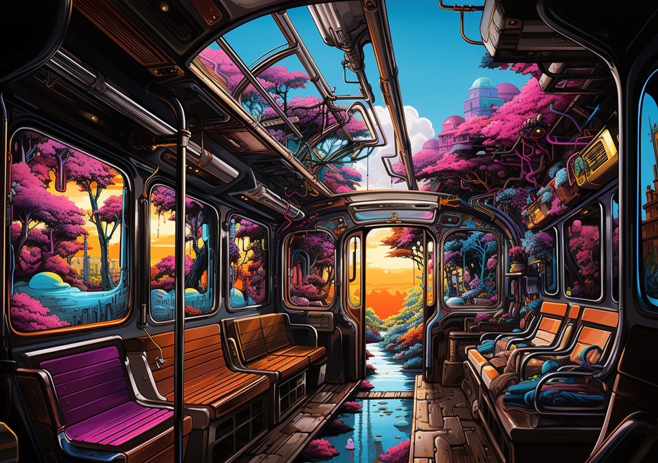 Colorful characters on a surreal train
