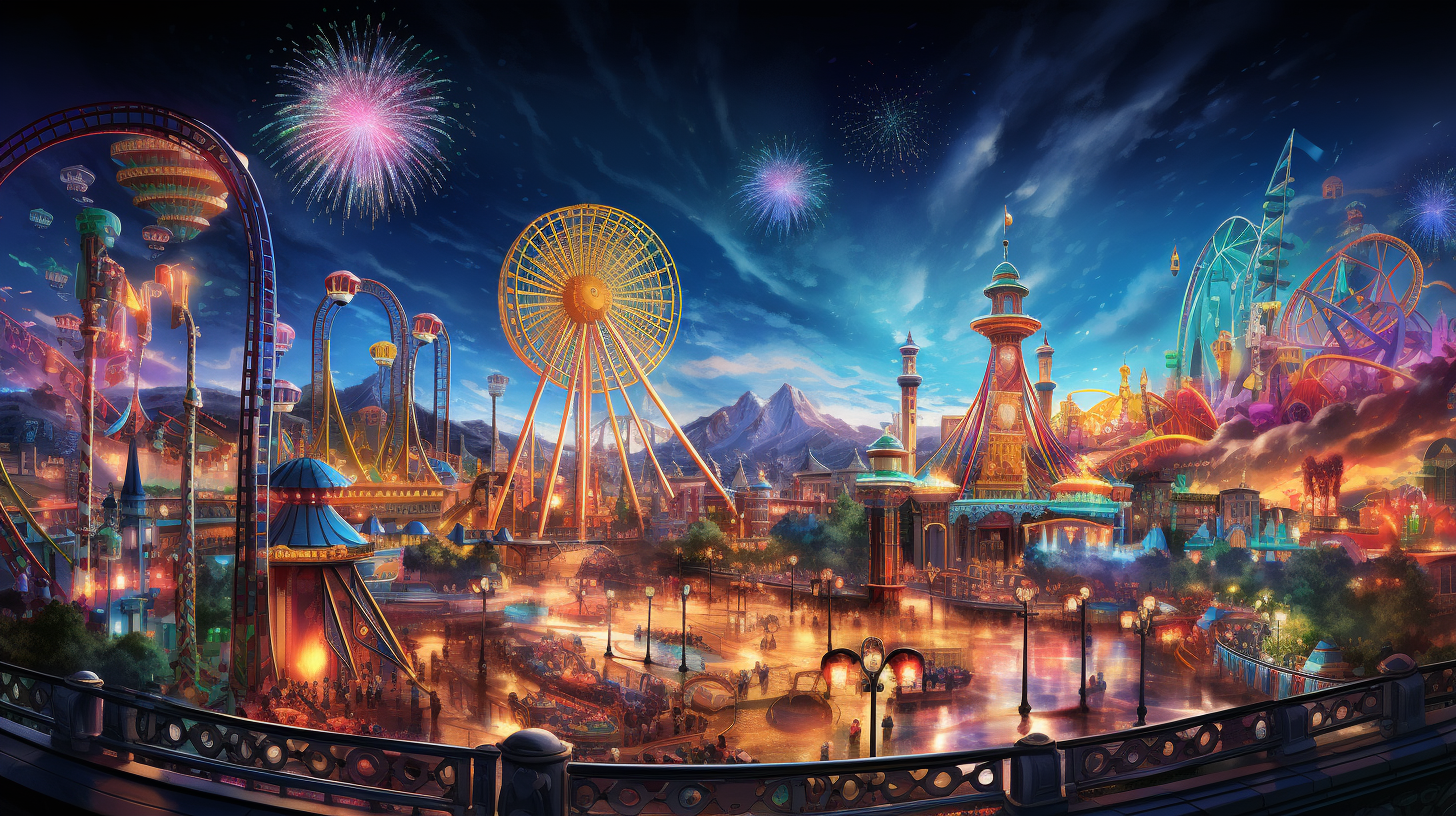 A highly detailed image of a colorful theme park ride at night