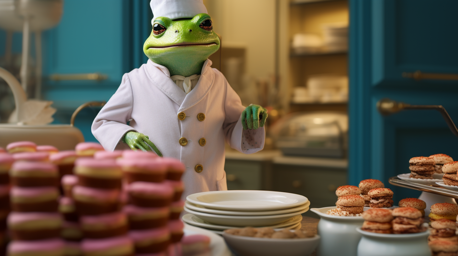 Anthropomorphic toad baking colorful macaroons