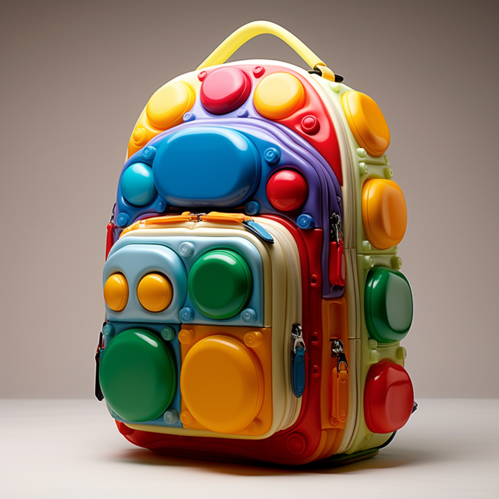 Life-size backpack made of colorful toy plastic