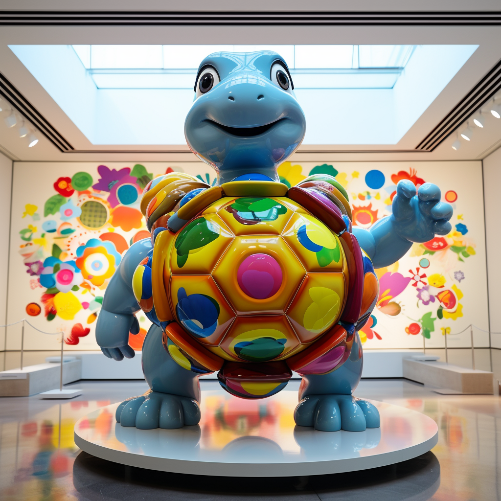 Colorful turtle statue inside art museum