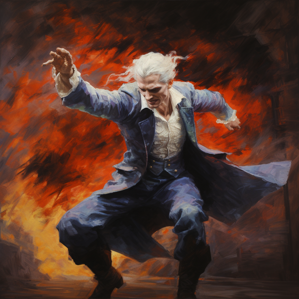 Vibrant vampire lord with white hair leaping in action