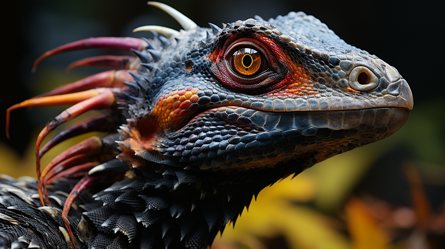 Colorful velociraptor in jungle foliage