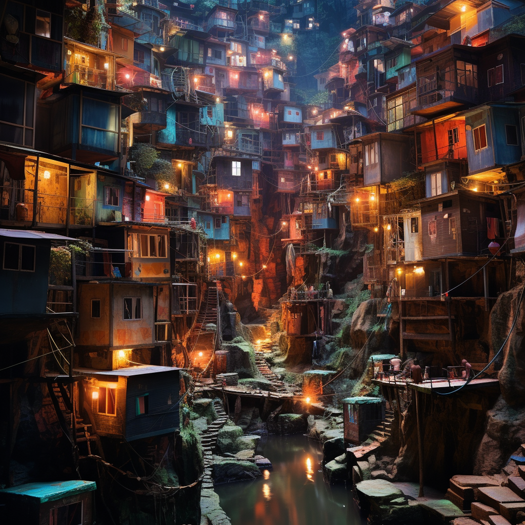 Vibrant vertical slums near waterfall