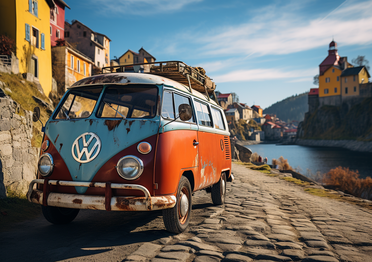 Vibrant VW Bus Parked in Front of Desaturated Houses