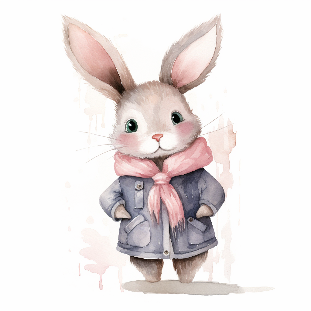 Watercolor bunny with drawn coat on white background