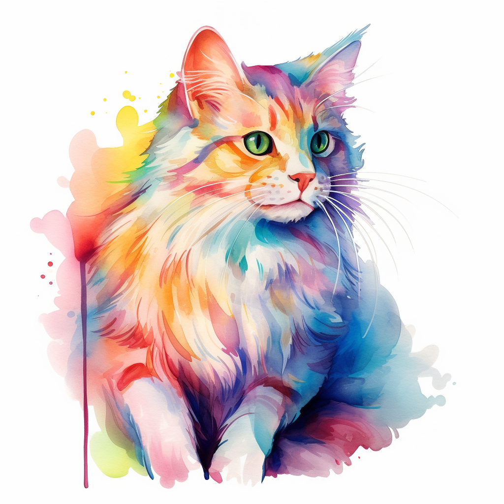 Colorful cat in watercolor drawing