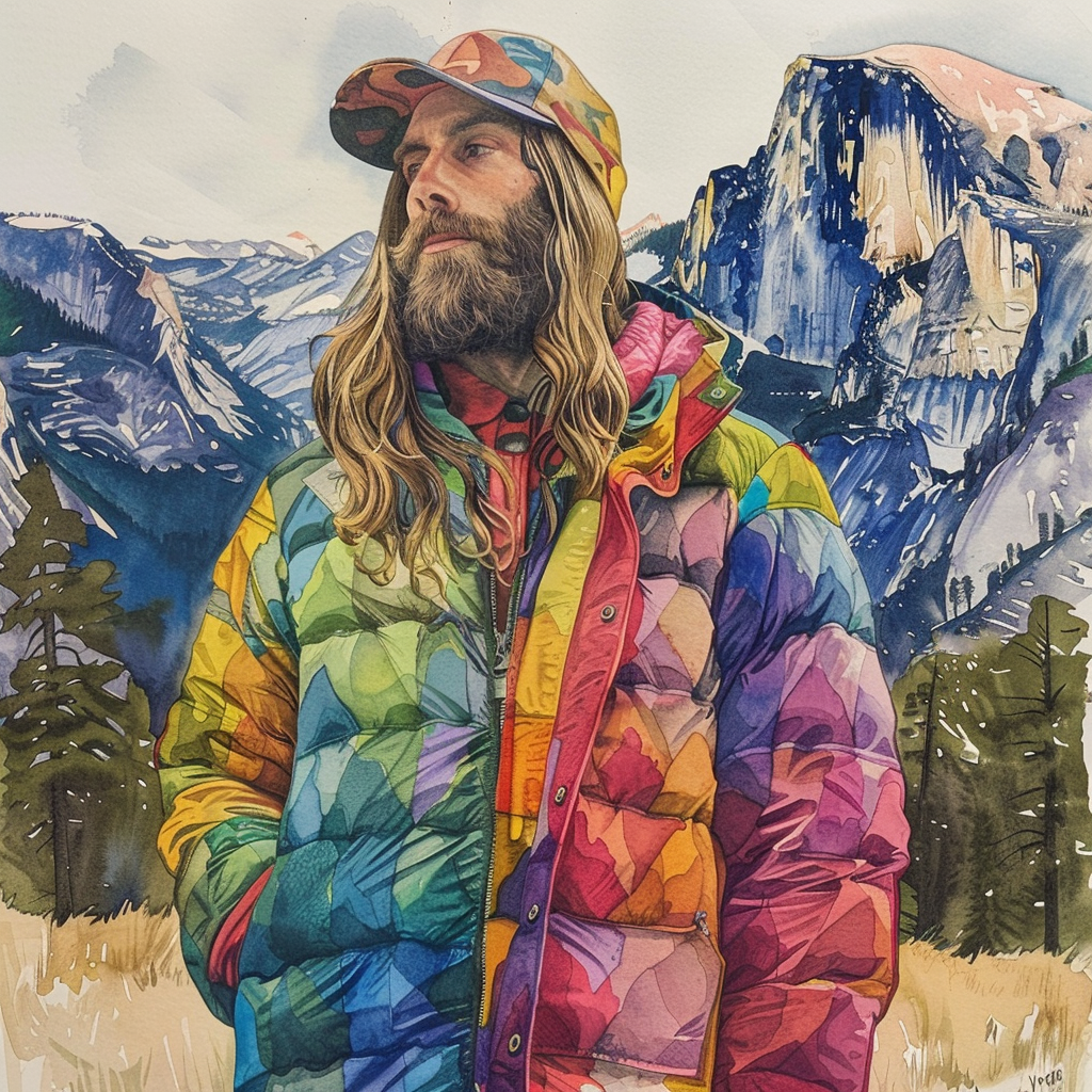 Colorful watercolor painting man Yosemite mountains