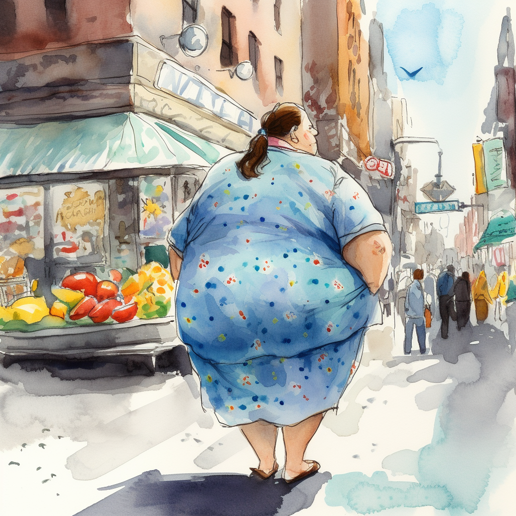 Obese woman walking in NYC with colorful watercolor sketch