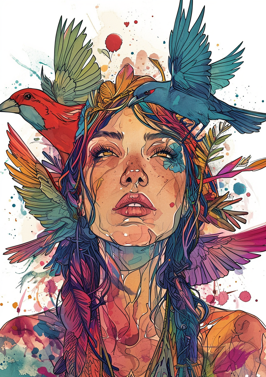 Illustration of a Colorful Woman with Birds on Her Hair