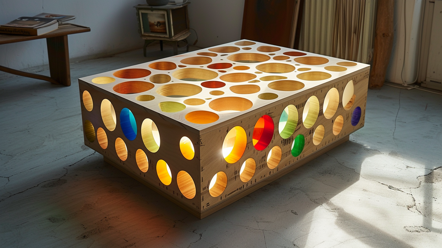 Colorful wooden coffee table with resin fillings