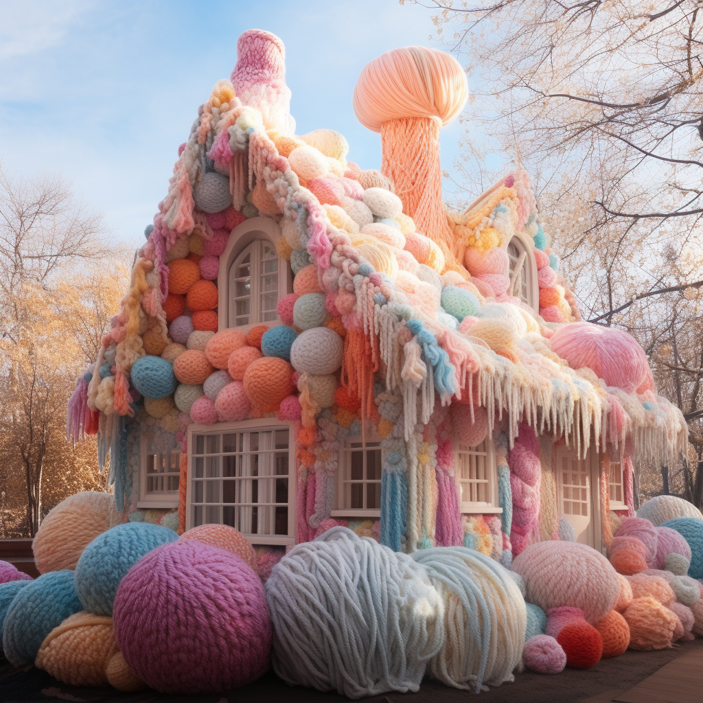 House made of colorful yarn in cotton candy forest