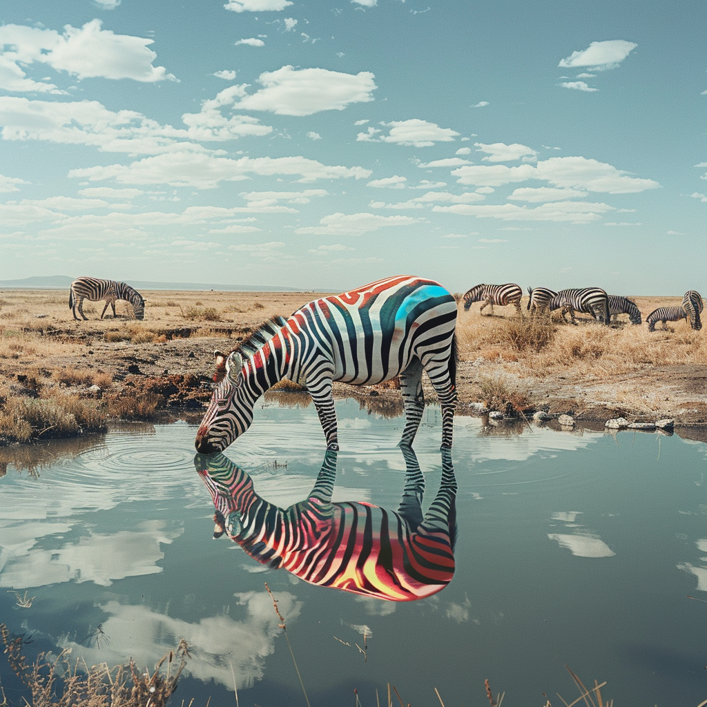 Colorful zebras by lake