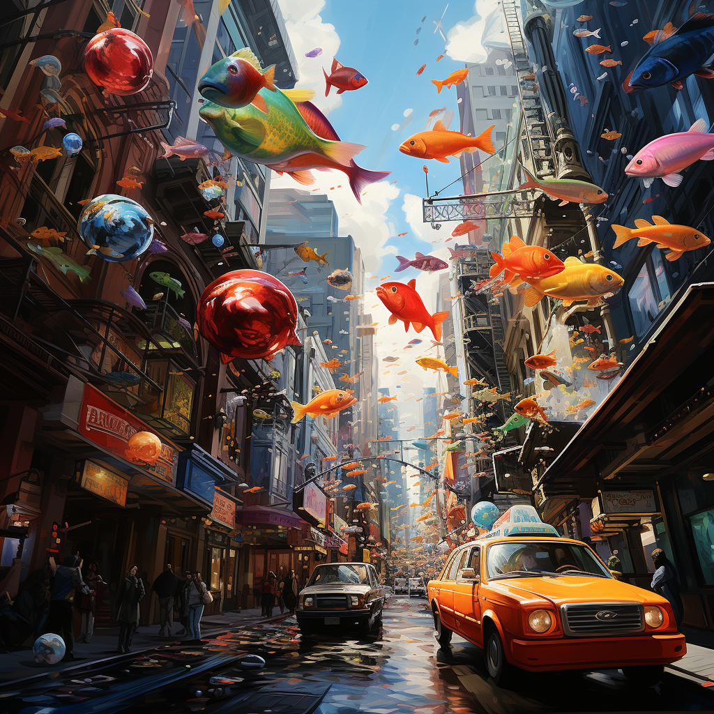 School of Colorful Fish Fly Over Busy City Street