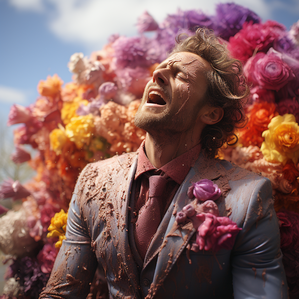 Man sneezing out vibrant rainbows