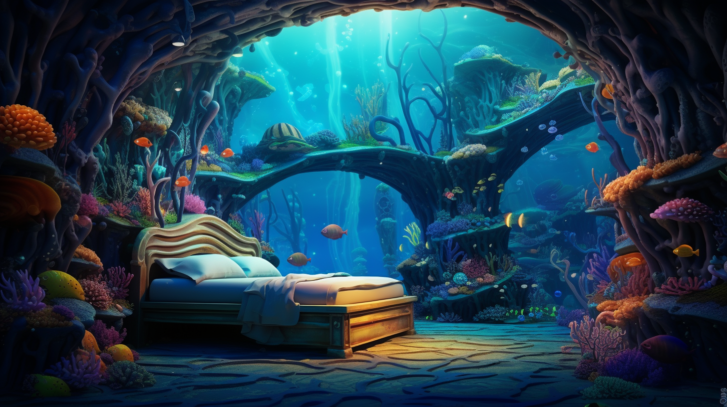 Colorful bedroom in underwater castle illustration