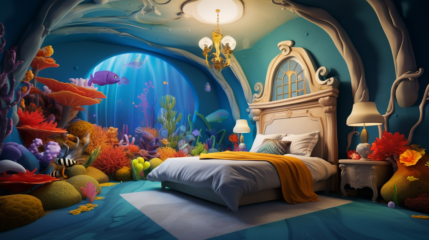 Colorful underwater castle bedroom with king bed