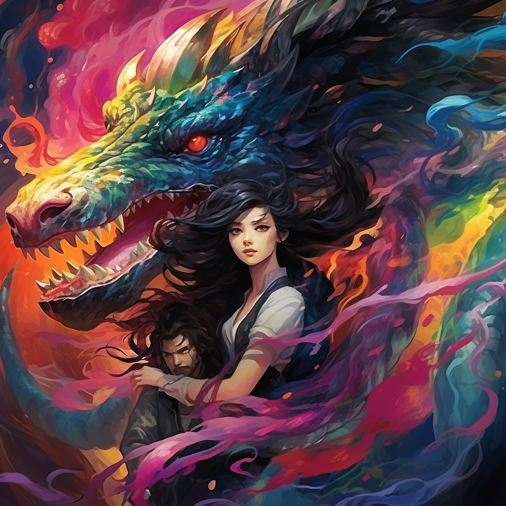 Anime enthusiasts riding a colorful dragon