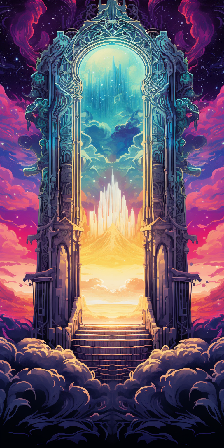 Colorful vector art depicting gates of heaven