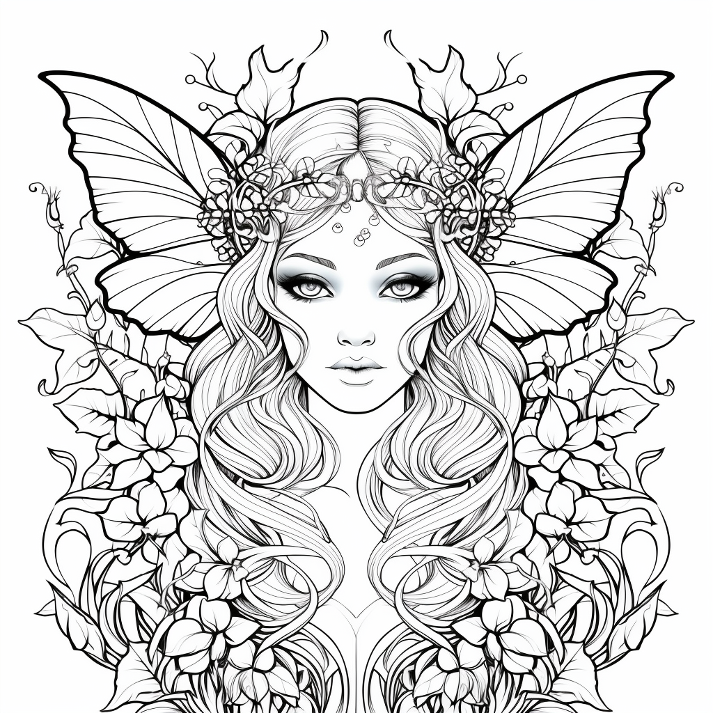 Coloring book elf with leaves, butterflies, and flowers