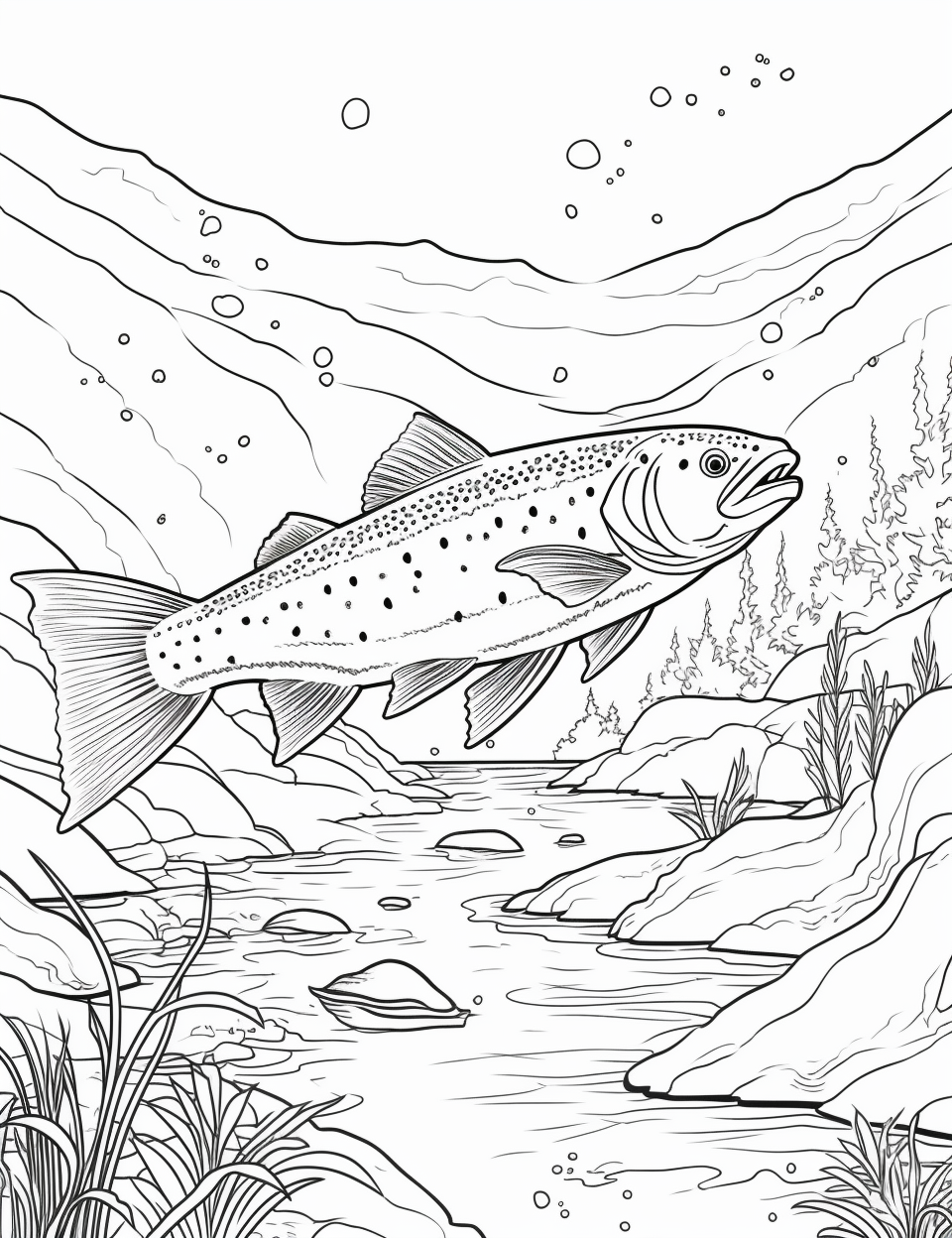 Trout swimming upstream in black and white