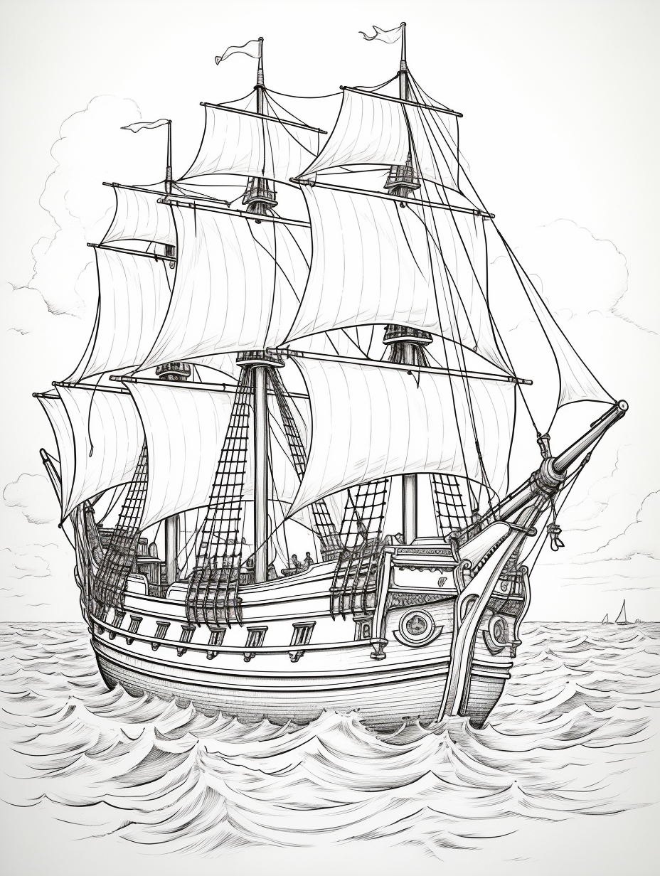 Engraving of coloring book ships on water