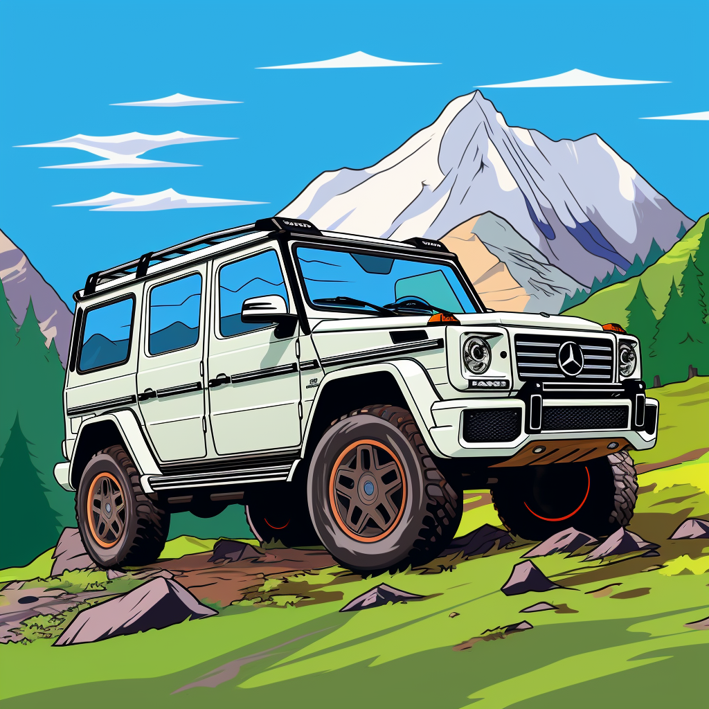 coloring page with mountains and G Class Mercedes