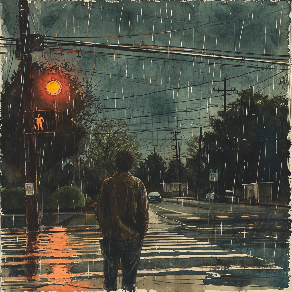 Colorized ink drawing of man at crosswalk in rain