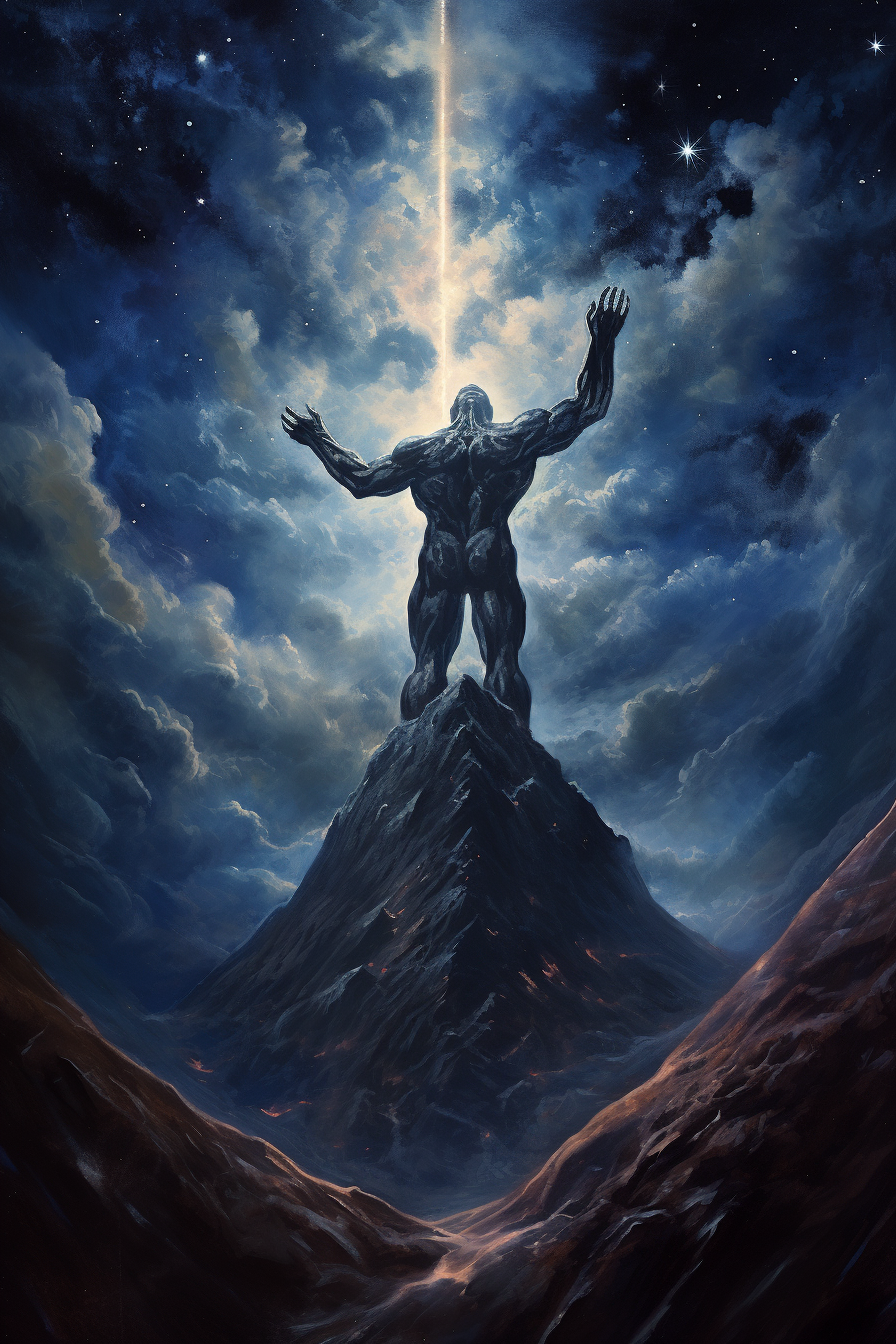 Colossal god looking down on mountains