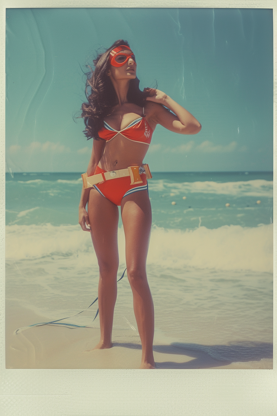 Female Baywatch Cosplay Superheroine Beach Photo