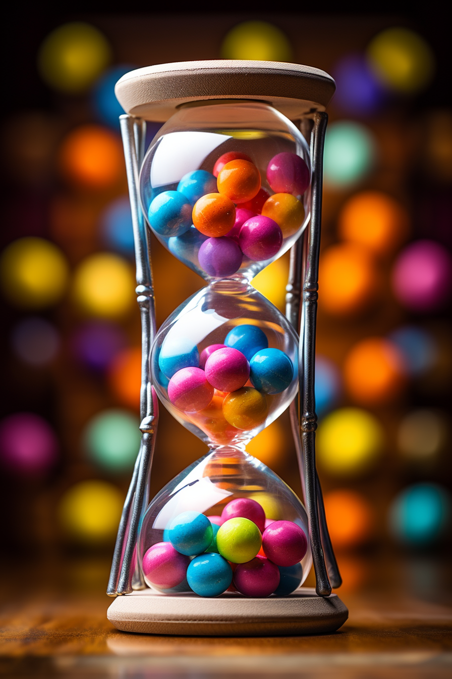 Colorful bouncing balls in sandglass collage