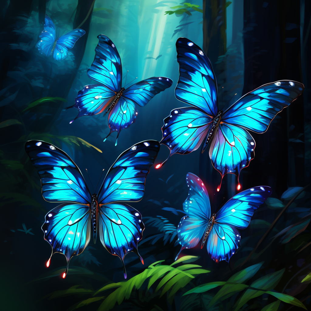 Colorful Butterflies with Neon Blue Veins in Forest