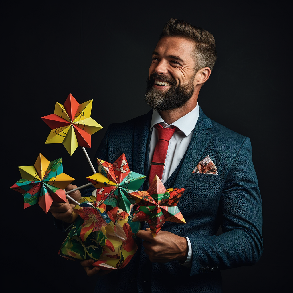 Man in suit holding a colorful children's windmill