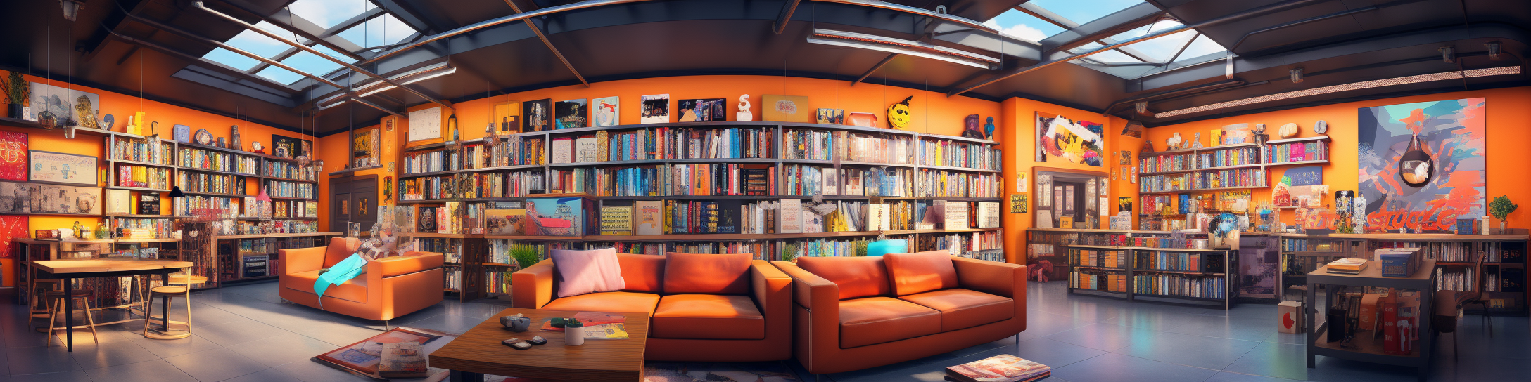 Panoramic scene of colorful comic bookshop with superhero statues