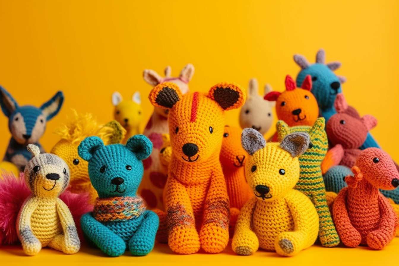 Colourful knitted animals on yellow background