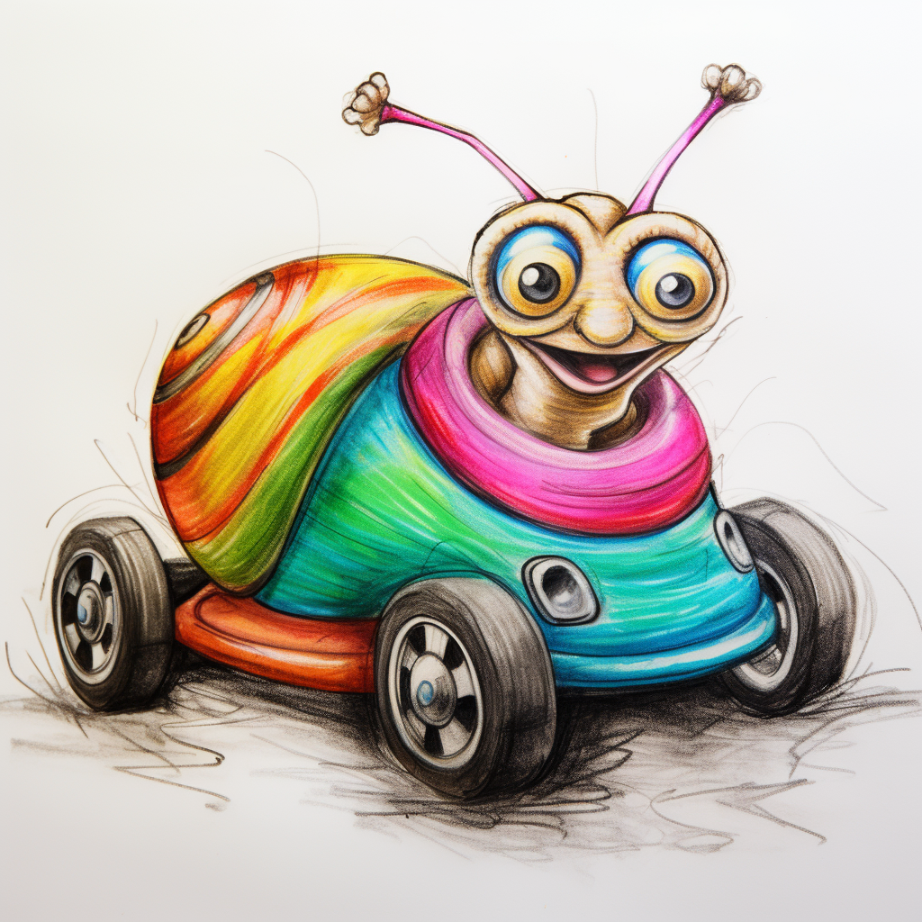 Colourful sketch of a snail in a go-kart laughing