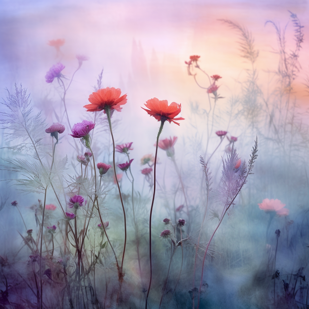 Vibrant wildflowers in misty morning