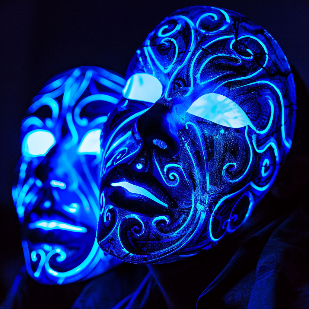 Comedy tragedy masks glowing blue