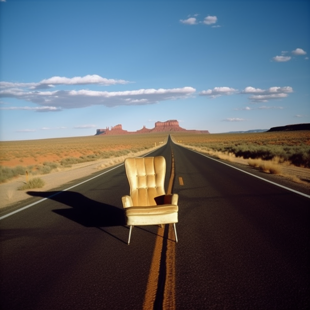 Comfortable chair on straight road in Monument Valley