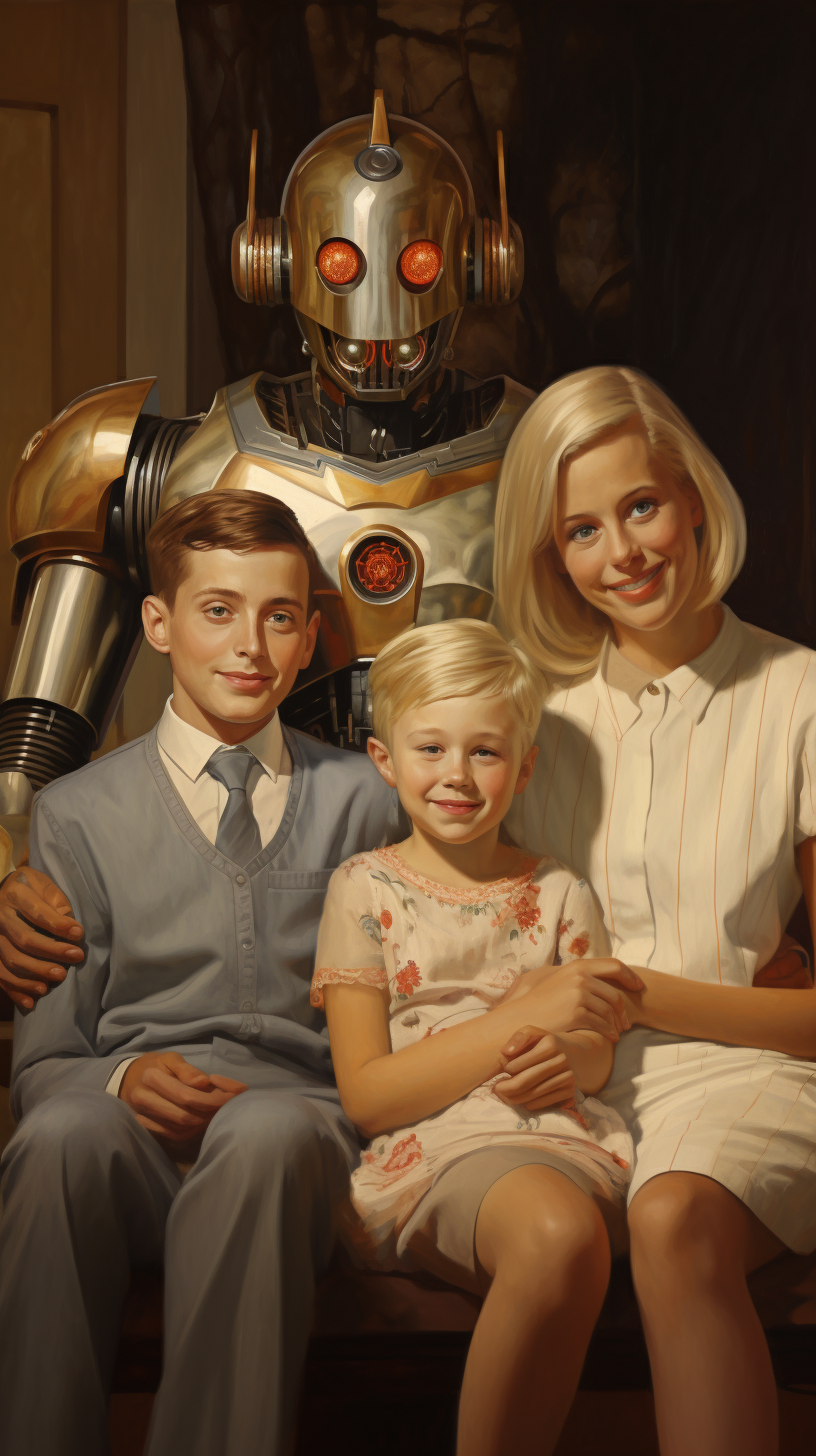 Colorful comic book cover with robot children family.