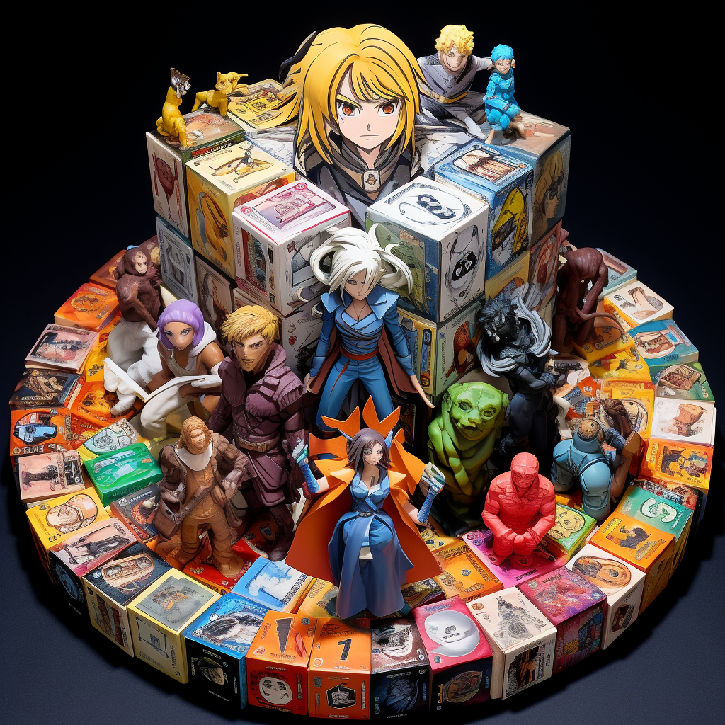 Stack of comic books surrounded by anime figurines and dice