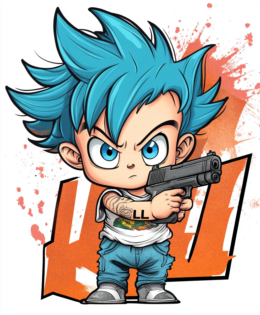 Cartoon baby with blue hair and gun